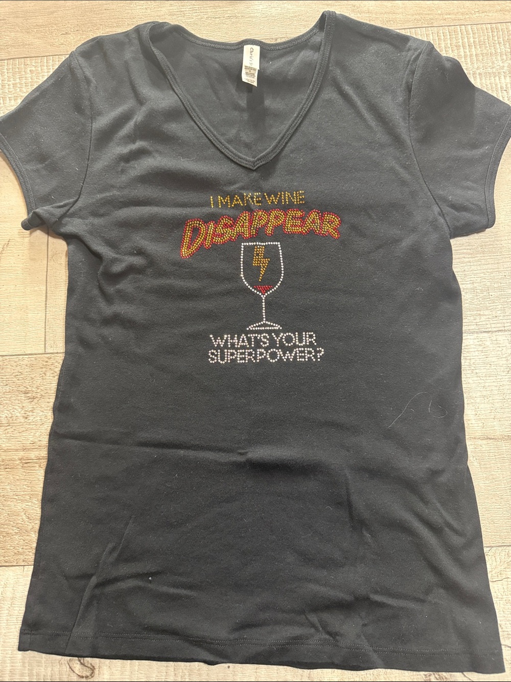 Black V-Neck Graphic Tee - 'I Make Wine Disappear'